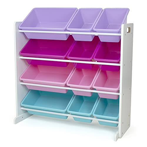 Humble Crew Kids Toy Storage Organizer with 12 Plastic Bins, White/Pink/Purple/Turquoise – Removable Bins for Playroom, Bedroom, Toddler Furniture for Boys and Girls Ages