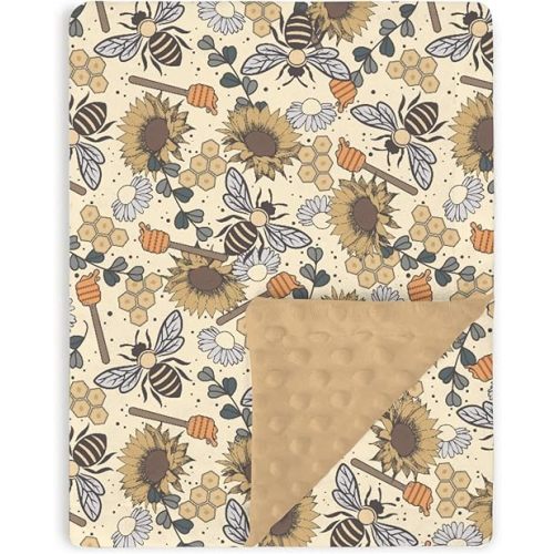 Retro Boho Brown Baby Blanket for Girls 30" x 40", Soft Double Layer Minky Blanket with Dotted Fleece Back, Nursery Bed Receiving Quilt Newborn Infant Toddler Shower Gift Bumblebee Sunflower