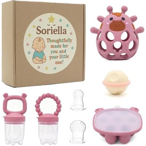 Soriella Baby Feeder & Teether Set, 5-Piece Silicone Self-Feeding and Teething Relief Kit for Babies 3+ Months, with Freezer Tray, BPA-Free (Blush Petal)