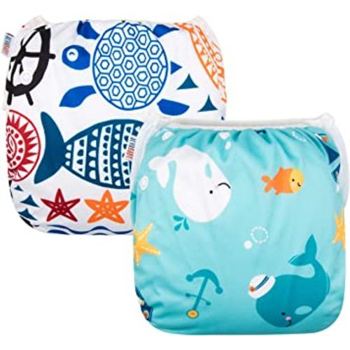 ALVABABY 2pcs Swim Diapers Baby & Toddler Snap One Size Reusable Adjustable Baby Boy Cartoon Fish Small DYK05-06