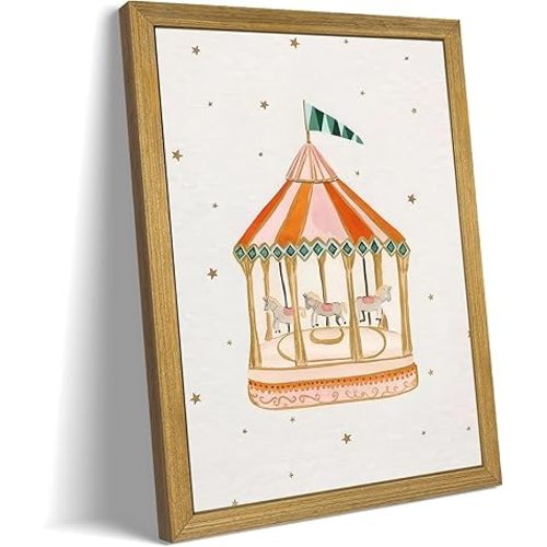 Wood Framed Carousel Wall Art, Nursery Wall Decor Paintings for Baby Girl Room, Cute Merry-Go-Round Canvas Print Poster, Whimsical Kids Room Artwork, Toddler Playroom Bedroom Decoration 8x10 Inch