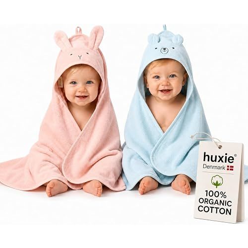 Huxie Hooded Baby Towels – 100% Organic Cotton Baby Bath Towels – Baby Boy and Baby Girl Newborn Essentials - Super-Soft and Absorbent. (2-Pack Rabbit Blush and Bear Baby Blue)