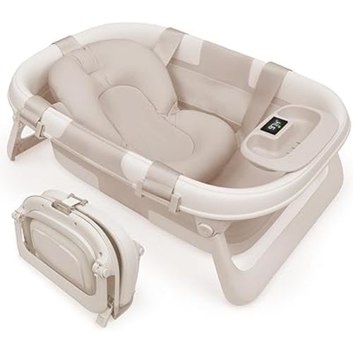 Jool Baby Fold ‘n Store Baby Bathtub – 3 Stage Collapsible Bather for Easy Storage, Portable for Travel – Built-in Thermometer (Oatmeal)