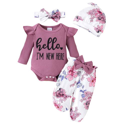 TOWED22 Newborn Baby Girl Fall Winter Clothes Long Sleeve Romper Onesie Pants Infant Outfit with Headband,Color: Purple,Size:0-1 M