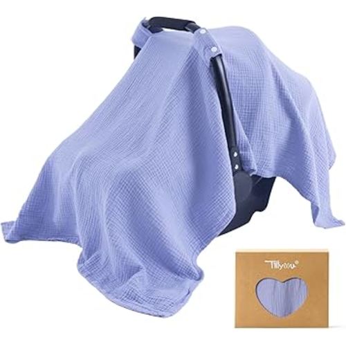 TILLYOU Baby Car Seat Cover, Breathable Muslin Cotton Infant Car Seat Cover, Lightweight Canopy with Sun and Bug Protection(Blue)
