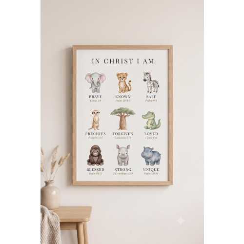 In Christ I Am Safari Animal Nursery Art, Watercolor Jungle Animals Bible Verse Print, Christian Kids Affirmation, Safari Nursery Decor