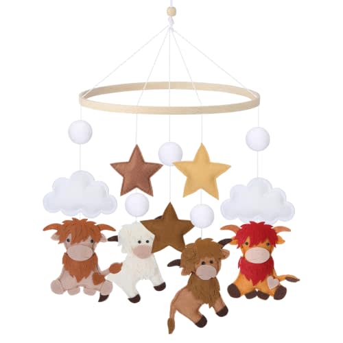 Novabright Felt Highland Cow Mobile for Crib, Boho Baby Crib Mobile | Nursery Mobile Crib for Boys Girls, Handcrafted, Promote Visual Tracking, Gender-neutral Design, Woodland Nursery Room Decor