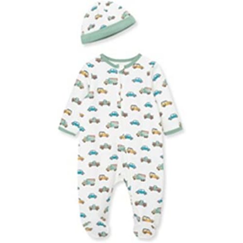 Little Me Baby Boy Clothes 2-Piece Baby Sleeper and Cap Set, 100% Cotton Footies Baby Essentials, Preemie to 9 months