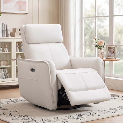 Ebello Power Swivel Rocker Recliner, PU Leather Electric Swivel Glider Chair with USB & Type-C Ports for Nursery, Living Room, Beige