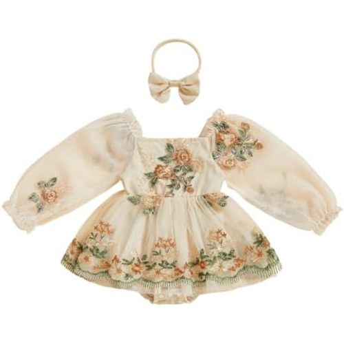 Douhoow Baby Girl Romper Dress 3D Floral Daisy Baby Romper and Bow Headband 2 Pcs Infant Fall Winter Festival Clothes