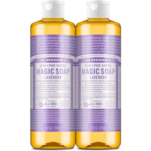 Dr. Bronner's Pure-Castile Magic Liquid Soap (Lavender, 16 Ounce, 2-Pack)- Made with Regenerative Organic Certified Oils, 18-in1 Uses: Face, Hair, Hand & Body Soap, Laundry, Pets- Concentrated, Vegan