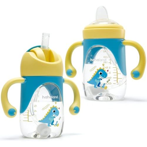 hahaland Sippy Cup for 6+ Month Old - 2 in 1 Spout & Straw Sippy Cups for Toddlers 1-3 No Spill Transition Weighted Straw Toddler Cups - 1 Cup with 2 Nipples