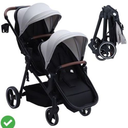 Tandem Double Stroller Newborn and Toddler, Foldable Twin Stroller with Reversible Seat