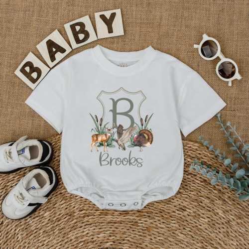 Personalized Hunting Duck Deer Baby Romper, Custom Name Turkey Baby Boy Bodysuit, Outdoor Infant Clothes, Rustic Baby Shower Gift