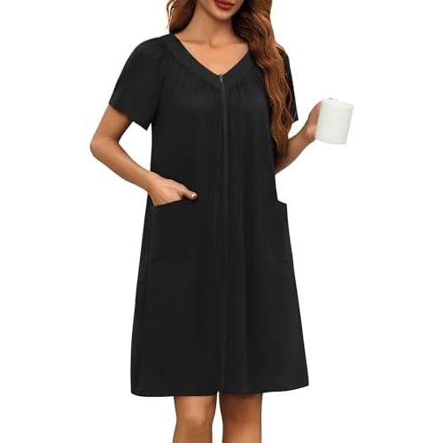 Ekouaer Women Robe Zipper Front Mumu Duster Robes Zip Up Housecoat Soft Sleepwear with Pockets