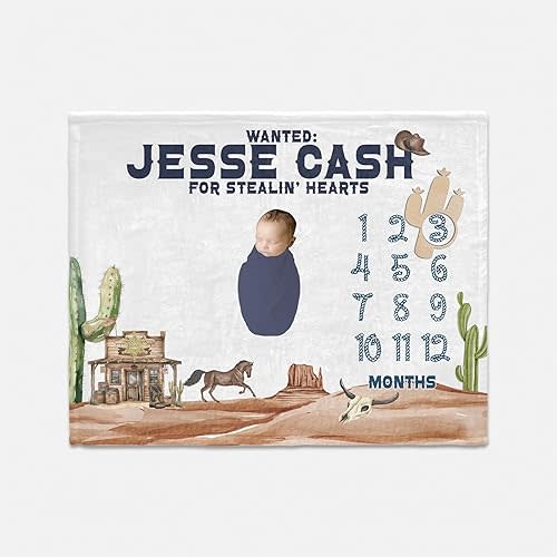 Cowboy Baby Milestone Blanket, Western Baby's Blankets, Personalized Desert Western Blankets, Cowboy Baby Blanket, Monthly Newborn First Year Growth Mat Babies Shower Memory Keepsake Gift Picture