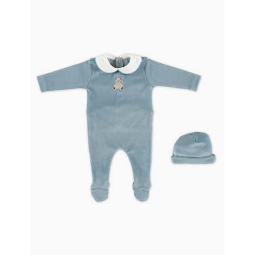 Eden Collar Overall Set in Teddy Velour Blue