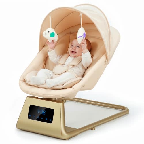 Pamo Babe Portable Baby Swing - Electric Baby Rocker with Cry Detection, 5 Swing Speeds, Bluetooth & Remote Control, Adjustable Backrest, Indoor & Outdoor Swing Chair for Newborn Babies - Beige