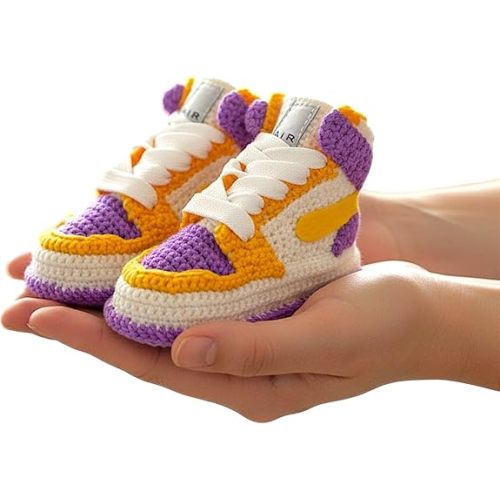 Handmade Crochet Baby Booties Jordan-Style - LA Basketball Team Colors - Soft Organic Newborn Shoes - Custom Baby Sneakers - Sizes 0-12 Months