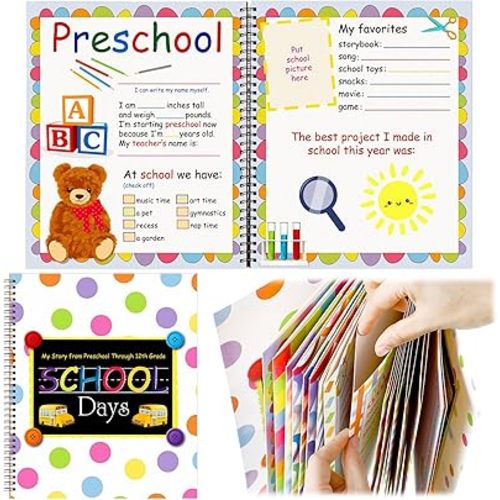 School Memory Book Photo Album for Kids, School Years Keepsake Book Album Scrapbook from Preschool Through 12th Grade with 14 Pocket for Storage Portfolio Every Grade Pictures (Polka Dots)