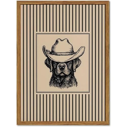 Framed Western Cowboy Dog Wall Art, Vintage Labrador in Cowboy Hat Pictures Wall Decor, Black Striped Paintings Farmhouse Animal Canvas Prints Retro Home Decor for Living Room Bedroom 12x16 inch