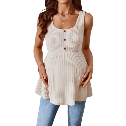MakeMeChic Women's Maternity Tank Tops Summer Rib Knitted Flared Hem Sleeveless Buttoned Pregnancy Shirt Tops