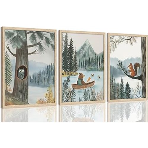 LHHJDIO 3 Piece OAK Wood Framed Wall Art Woodland Wall Decor Animals Canvas Art Owl Bear Squirrel Pictures Forest Paintings Wildlife Artwork Vintage Prints For Nursery Children Kids Boy Room