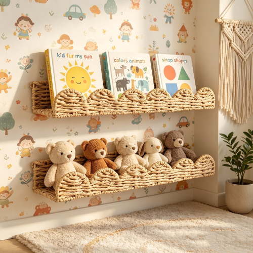 Scalloped Nursery bookshelves Set of 2, Woven Straw Paper Floating Shelves - Picture Ledge for Wall Decor, Beige Boho Modern Farmhouse Kids' Bookcase for Books, Toys & Photo Frames