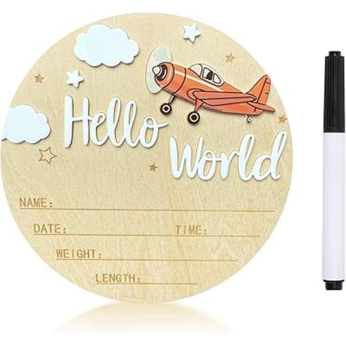 Baby Announcement Sign, 5.9 Inch Wooden Hello World Newborn Sign,Welcome Baby Signs,Birth Announcement Signs,Newborn Name Personalized for Photo Prop Vintage Airplane Design Hospital Nursery (White)