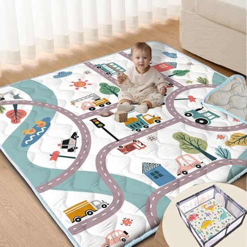 Baby Play Mats for Floor, 50X50 Playpen Mat, Car Playmat Non-Slip Cushioned Crawling Mat Thick Soft Playmats for Babies Toddlers Infants Activity & Tummy Time, Machine Washable (Car,50x50)