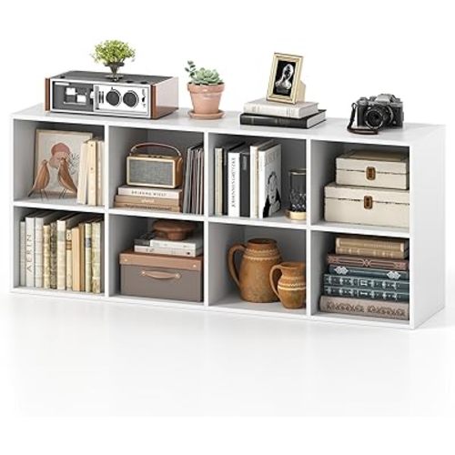 Tangkula 8-Cube Bookcase, Large Floor Standing Horizontal Bookshelf with 8 Open Shelves & 2 Anti-Tipping Kits, Home Office Wooden Storage Book Shelf for Living Room, Study (White, 8-Cube)