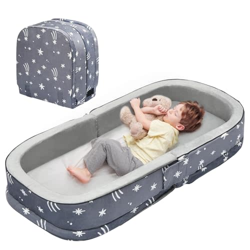 Lvimilio Portable Toddler Travel Bed, Foldable Kids Floor Bed for Home/Travel with Foam Mattres, Toddler Cot for Kids, Velvet Fabric