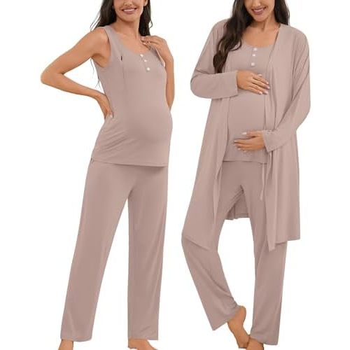 SWOMOG Maternity Nursing Robe Set 3 Piece Women Postpartum Pajamas Breastfeeding 3 in 1 Labor Delivery Zipper Pregnancy Pjs