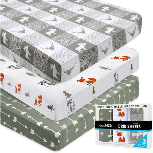 GROW WILD Forest Crib Sheets 3 Pack | Soft Crib Sheets for Boys and Girls | Crib Sheets Neutral Grey | Stretchy Forest Crib Sheet - Nicely Fit Crib Mattress Sheet (Forest Fun)