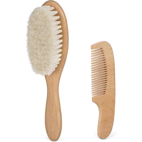 BumbleBee Newborn Baby Hair Brush & Comb Set - Wooden Brush with Soft Wool Bristles, Cradle Cap Brush for Boys, Girls & Toddlers, Sandwood