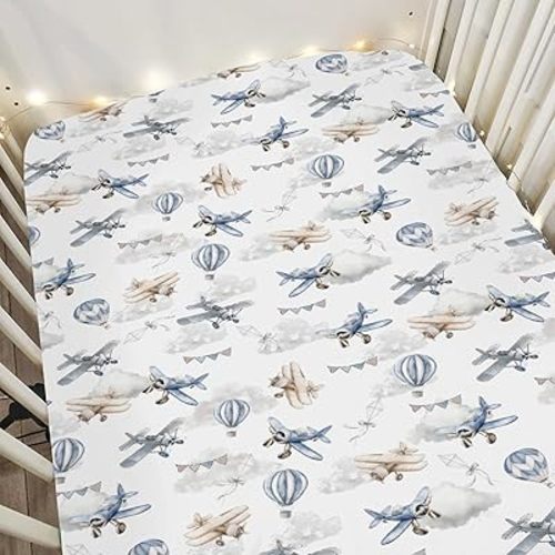 Vintage Planes Airplanes Helicopters Baby Crib Sheets Boy Girl 28"x52" Hot Air Balloon Plane Clouds Sky Soft Stretchy Fitted Crib Mattress Cover Baby Sheet for Standard Crib & Toddler Mattress Pad