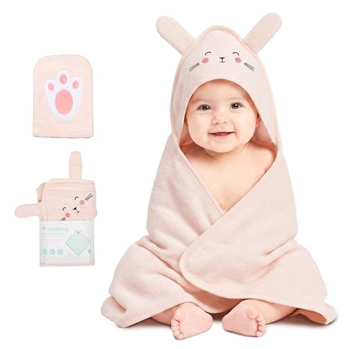CuddleBug Hooded Baby Towel & Washcloth Set for Toddlers, Cotton Bunny Pink | Absorbent Terrycloth dries little ones fast, stays soft wash after wash, sized to fit newborns through toddlers