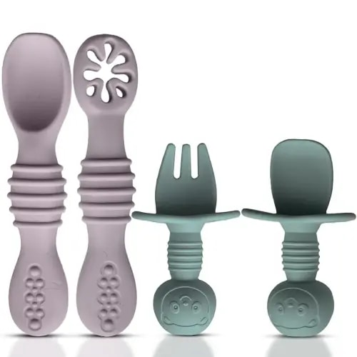 4pc Silicone Baby Spoons Self Feeding Baby Utensils 6-12 Months - 3 Baby Spoon - 1 Baby Fork - Toddler Cutlery Set - BPA Free, Dishwasher Safe, Baby Eating Essentials (Light pink/Army Green)