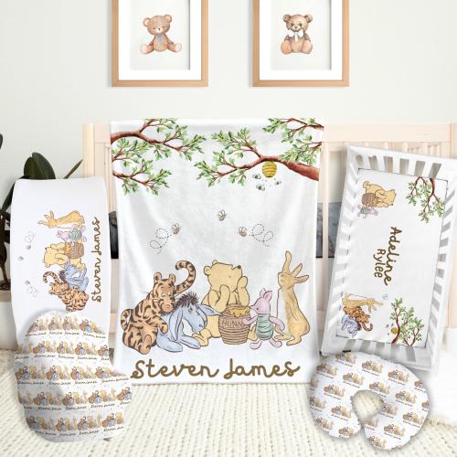 Winnie The Pooh Crib Bed Set, Classic Pooh Bear Blanket, Nursery Bedding Set, Personalized Crib Sheet Set, Nursery Name Gifted, Baby Bedding