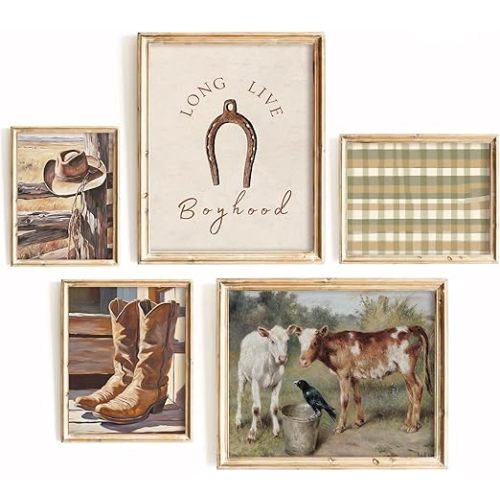 Cowboy Wall Art Nursery Canvas Pictures Western Cow Wall Decor Boys Room Prints Vintage Poster Baby Children Pictures Rustic Painting Cowboy Hats Artwork for Farmhouse Bedroom 8x10 Inch Unframed
