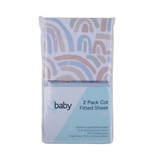 4Baby Percale Cot Fitted Sheet 2 Pack Pastel Rainbow