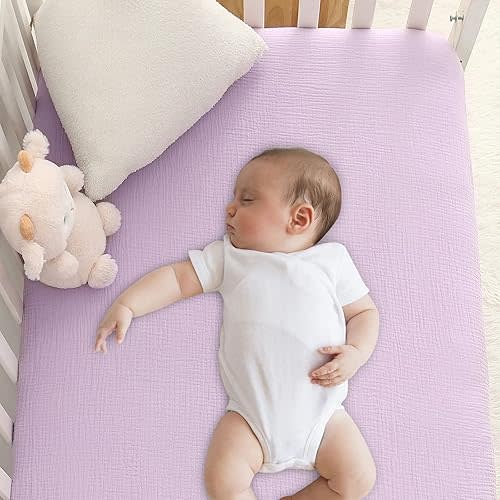 Muslin Crib Sheets, 100% Cotton Soft Breathable Fitted Toddler Bed Sheet, 28”x 52”x 9” Standard Size Baby Mattress Cover for Girls & Boys, Purple