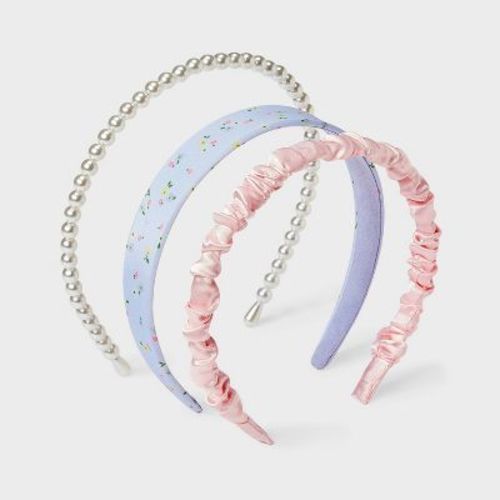 Girls' 3pk Headband Set with Ruched Floral and Pearls