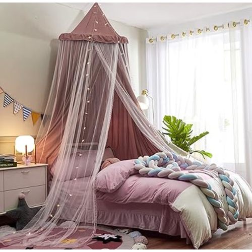 VETHIN Bed Canopy for with Lights,Double Layer Princess Round Dome Dreamy Mosquito Net Bedding Girls Room Castle Play Tent Hanging House Decor Reading Nook Canopies(Jujube Red/White)