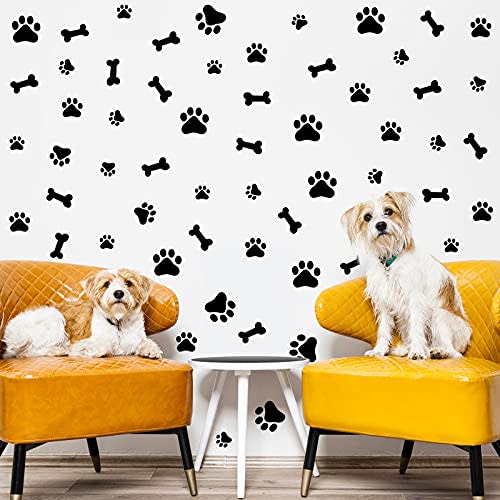 76 Pieces Dog Paw Decal Paw Print Sticker Dog Room Decor for Walls Pup Removable Vinyl Wall Sticker Decoration Animal Footprint for Nursery Bedroom Room Decor Art Mural DIY, Black