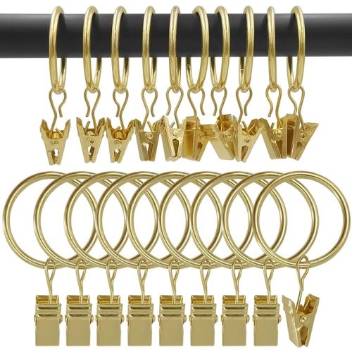 100 Pack Curtain Rings with Clips, Drapery Clips with Rings, Drapes Rings 1.26 in Interior Diameter, Fits up to 1 in Curtain Rod, Gold Color