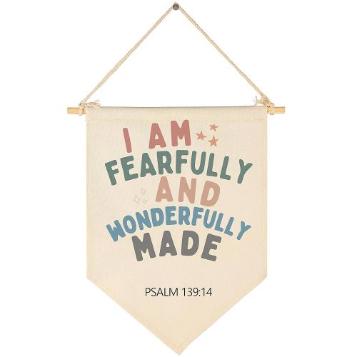 Christian Bible Verses Art-Scripture Flag Sign Gift for Baby Newborn Boys Girls Kids-Banner Wall Decor Gift for Nursery Bedroom Playroom Front Door-Baby Gift Shower-I Am Fearfully