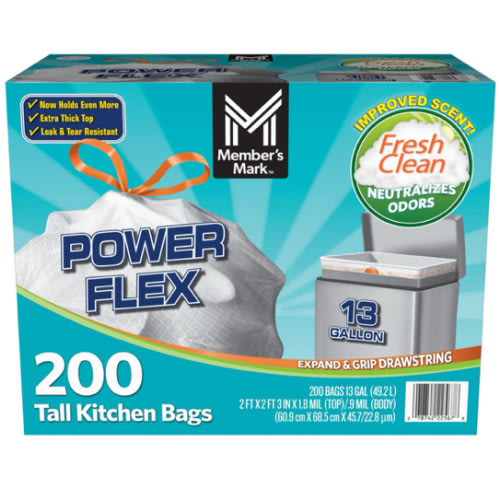 Member's Mark Power Flex Tall Kitchen Drawstring Trash Bags, Lavender 13 gal., 200 ct. - Sam's Club