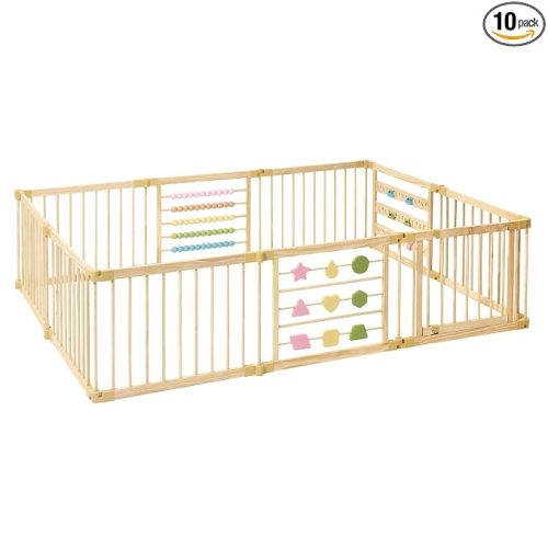 ZETY Natural Wood Baby Playpen, 10 Panel Foldable Play Yard, Door & Toys