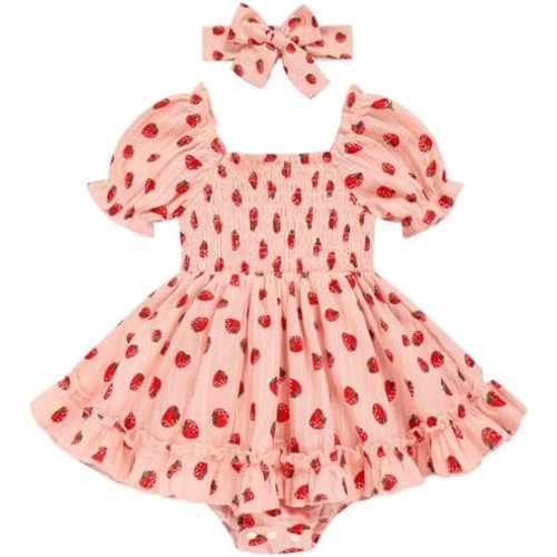 GRNSHTS Baby Girl Romper Dress, Puff Sleeve Smocked Outfit with Headband for Infants Soft Cotton Photo Shoot